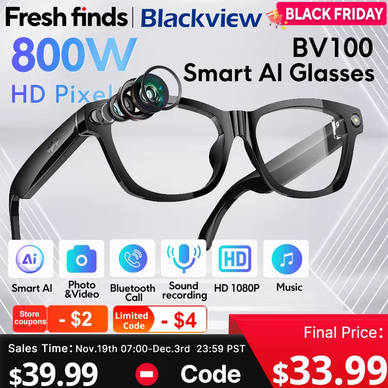 BV100 AI Smart Glasses with 2K HD Camera, 800W Pixels, Bluetooth Calling, and Voice Assistant